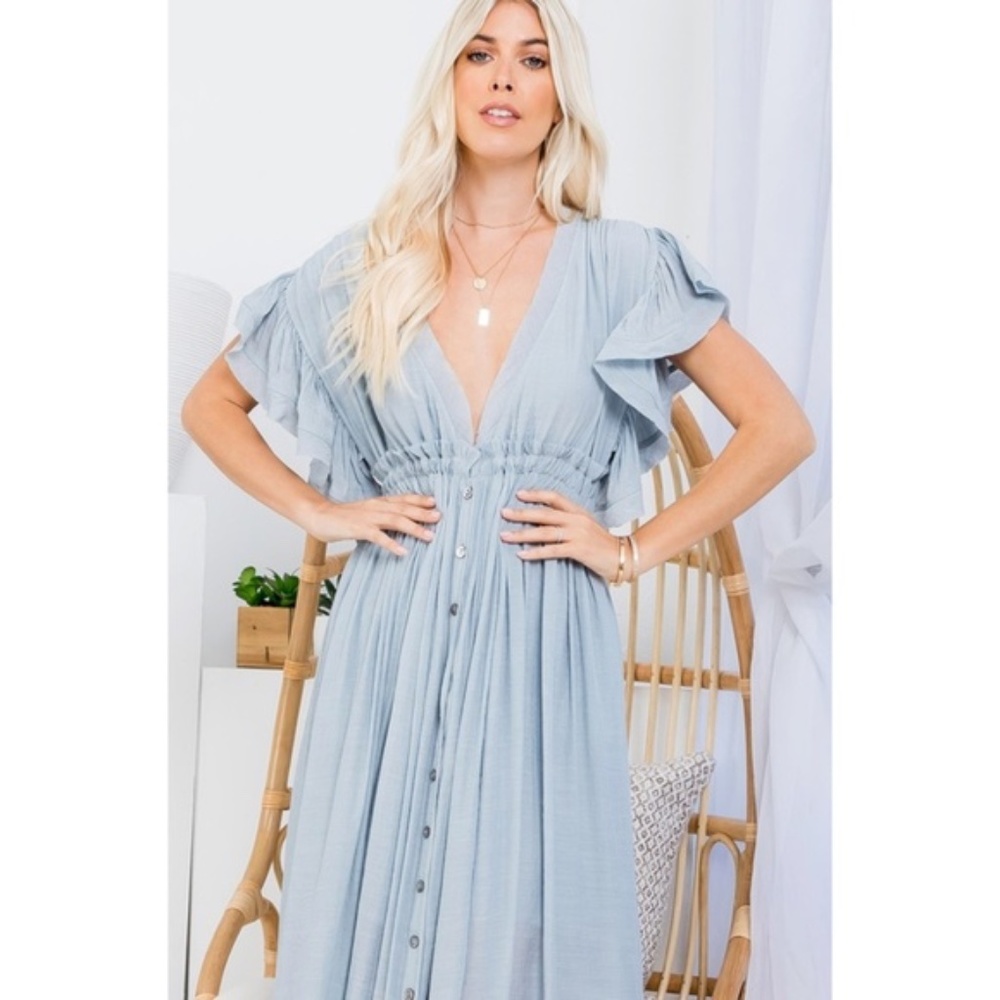 SOLD OUT Misty Blue Gauze Boho Button Short Slv Deep V Woven Gathered Maxi Dress - Picture 3 of 7